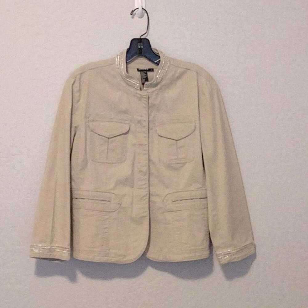DKNY beaded trim khaki stretch cotton jacket